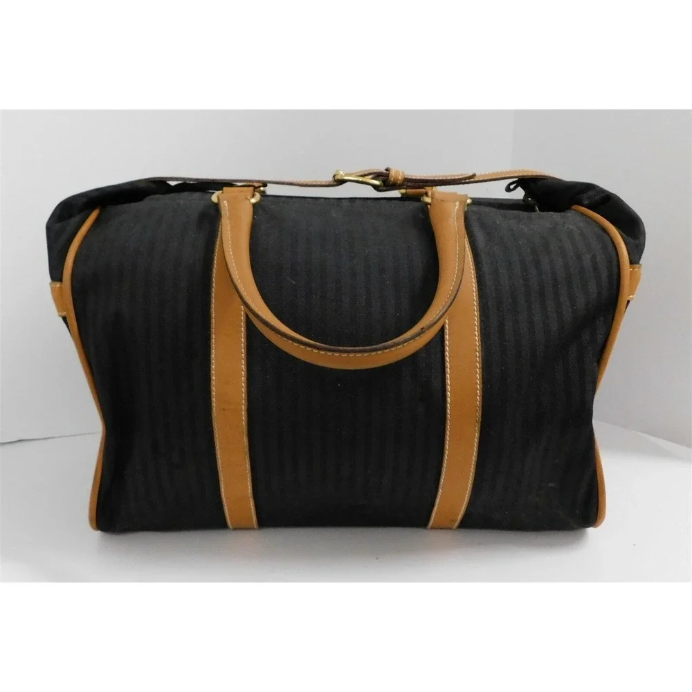 Fendi Italy Vintage Black Striped Canvas Leather Duffle Carry-on Tote Bag‎